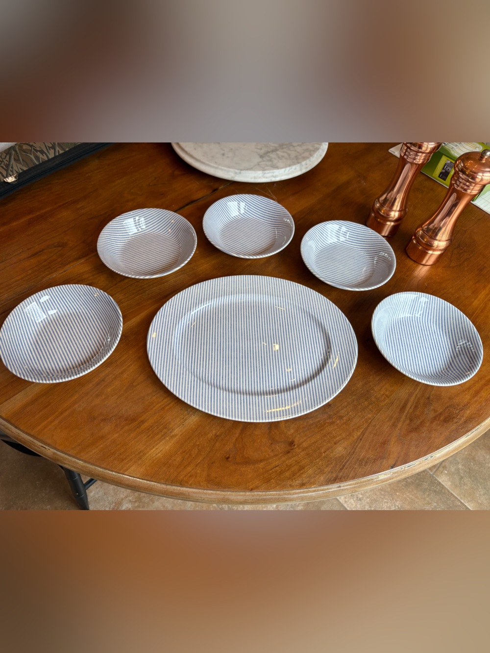 Ralph Lauren Bowls and Platter set  “Button Down Blue” stripe Made in England